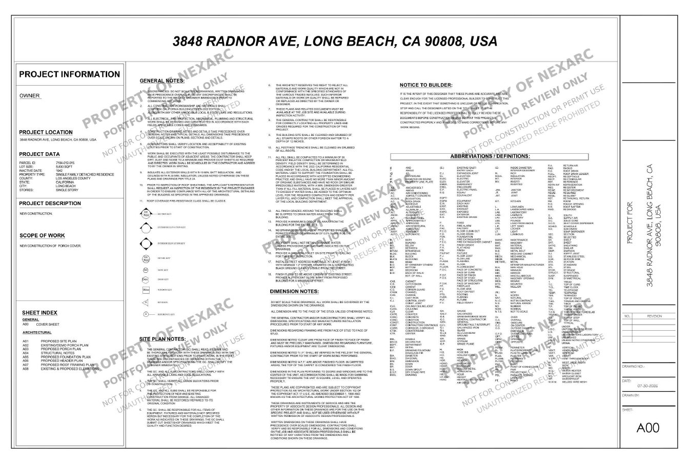 Proposed covered porch architectural drawing in Long Beach