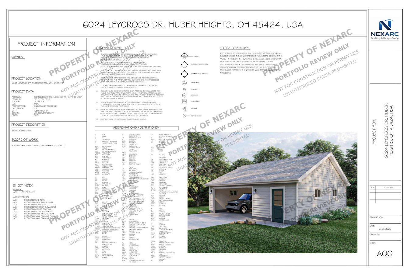 Dimensioned plan of an Ohio detached two-car garage